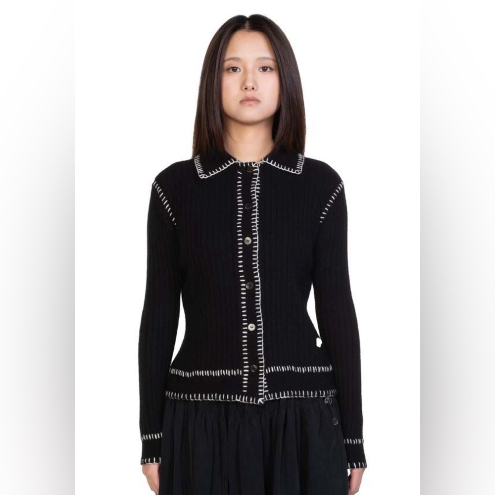 Rihoas Sweater with White Stitching and Ruffled Sleeves Button Down Stretchy